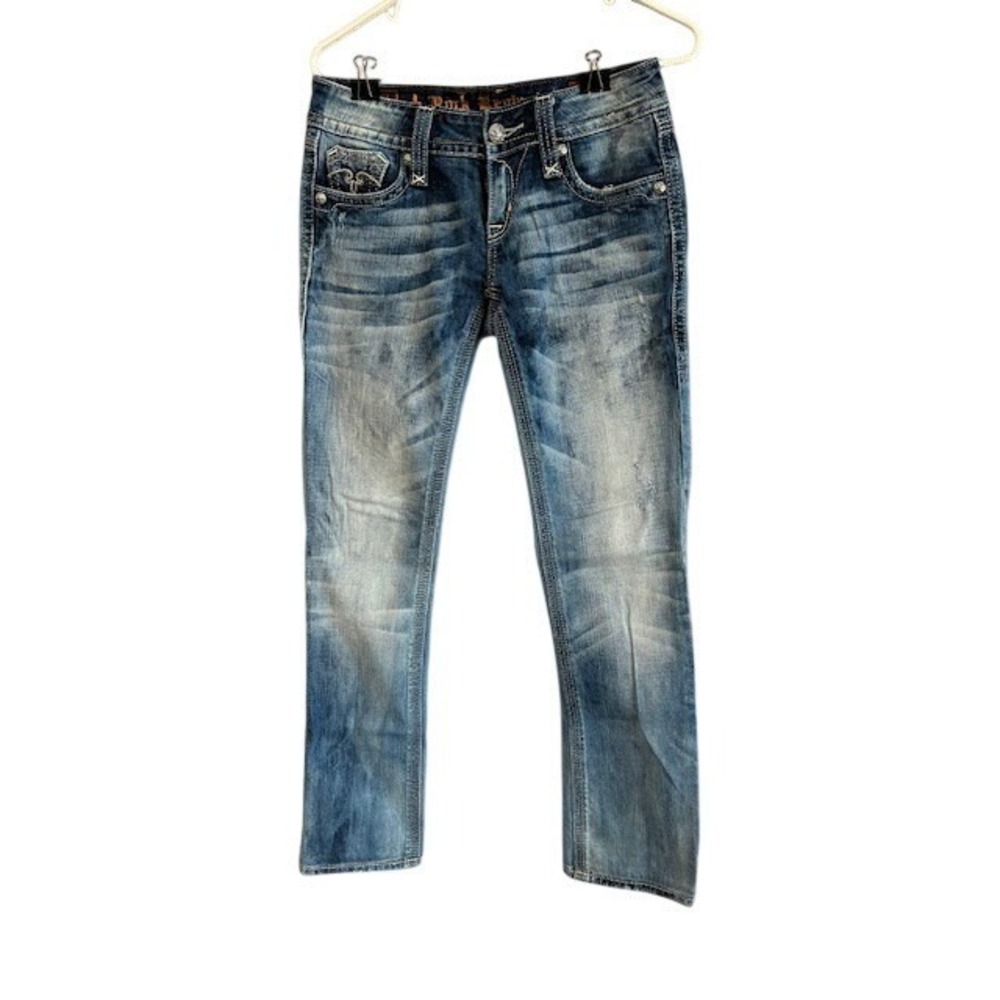 Rock Revival Straight Jeans Womens Med Wash Embroidered Flap Pocket Denim Pants